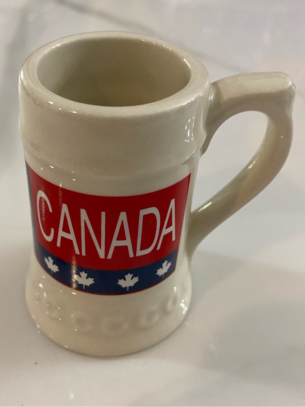Canada Ceramic Mini Stein Mug - White with Red & Blue Accent Leaf Leaves